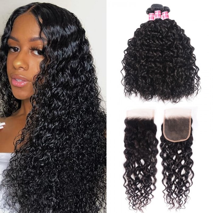 Incolorwig Brazilian Water Wave Virgin Hair Weave 3 Bundles With Lace Closure 100% Virgin Human Hair