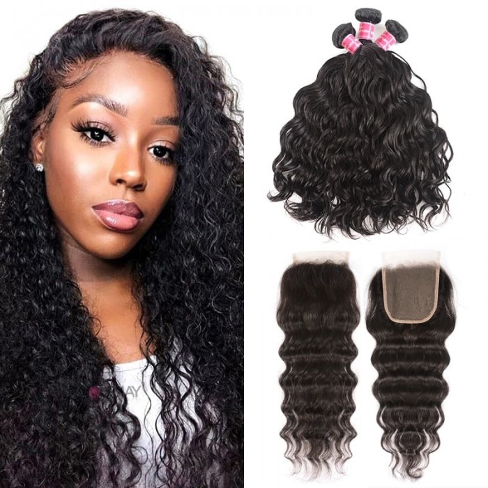 Incolorwig Natural Wave Virgin Hair Bundles 3 Bundles With Closure 100% Unprocessed Human Hair