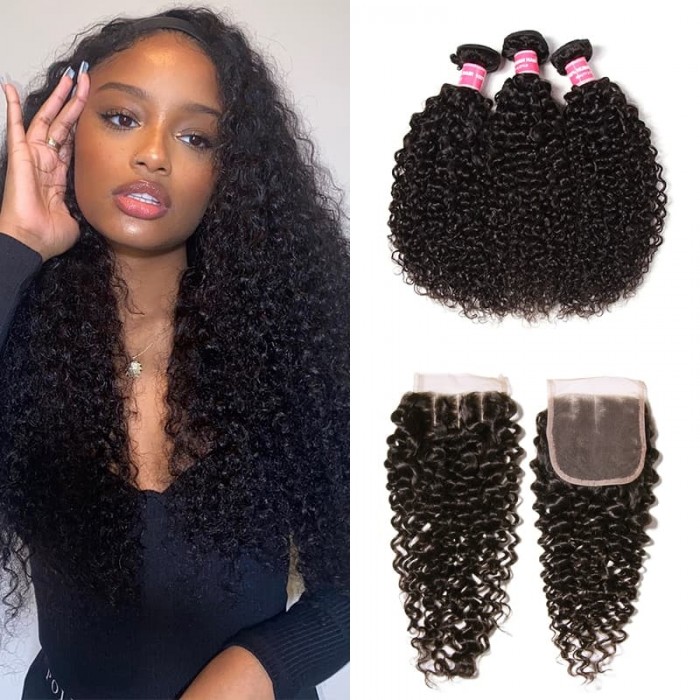 Incolorwig Jerry Curly Virgin Hair 3 Bundles With Pre-plucked 4*4 Lace Closure Human Hair