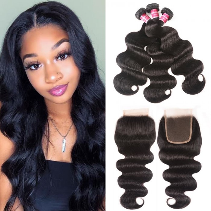 Incolorwig Body Wave Virgin Hair Weave 3 Bundles With Lace Closure 100% Virgin Human Hair