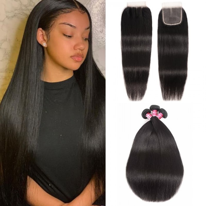 Incolorwig Brazilian Straight Hair 3 Bundles With Lace Closure 4*4 Free Part Virgin Human Hair