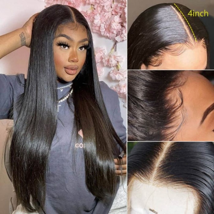 Incolorwig 150% Density Lace Parting Wig Middle Part Human Hair Wig 13*4 Lace Frontal Straight Hair Wig Natural Black Wig