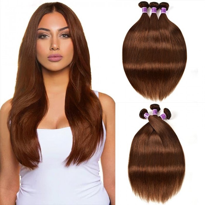 Incolorwig #4 Medium Brown Straight Virgin Peruvian Human Hair Weave 3 Bundles