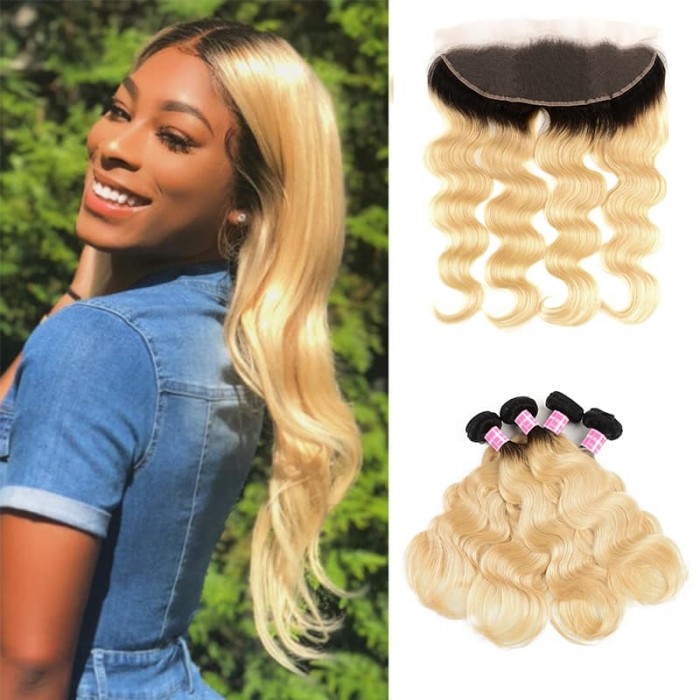 Incolorwig Malaysian Human Hair 4 Bundles With 13*4 Free Part Lace Frontal  #T1B613 Ombre Color Body Wave Hair Combinaiton