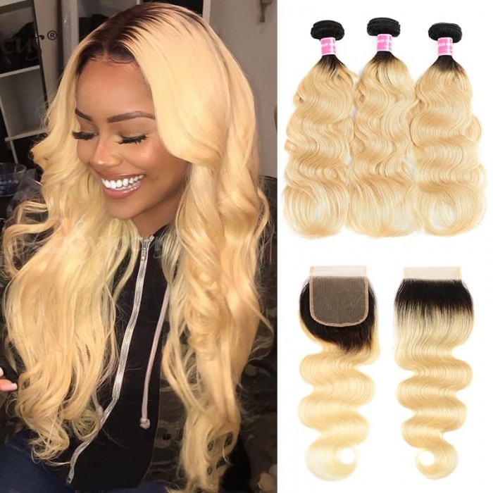 Incolorwig Peruvian #T1B613 Ombre Blonde Body Wave 3 Bundles With 4*4 Free Part Lace Closure