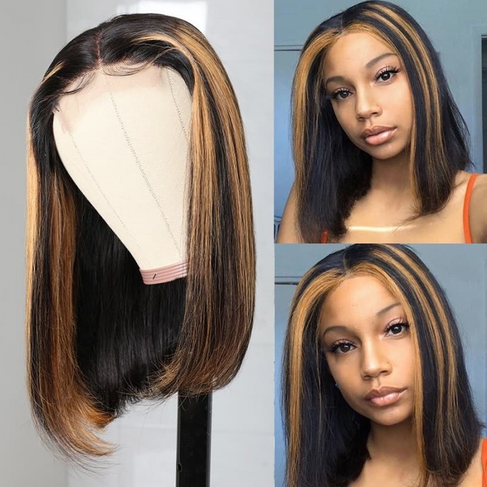 Incolorwig Ombre Highlight Piano Color Short Bob Wigs Pre-plucked #TP1B30 T Part Wig 150% Density