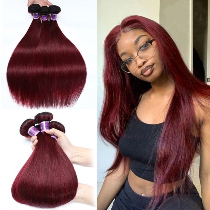 Incolorwig Peruvian 100% Human Hair 3 Bundles #99J Straight Human Hair Weave