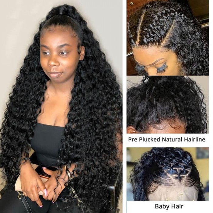 Incolorwig Best Deep Wave Human Hair Wigs Natural Black 13x4 Lace Front Wigs With Baby Hair