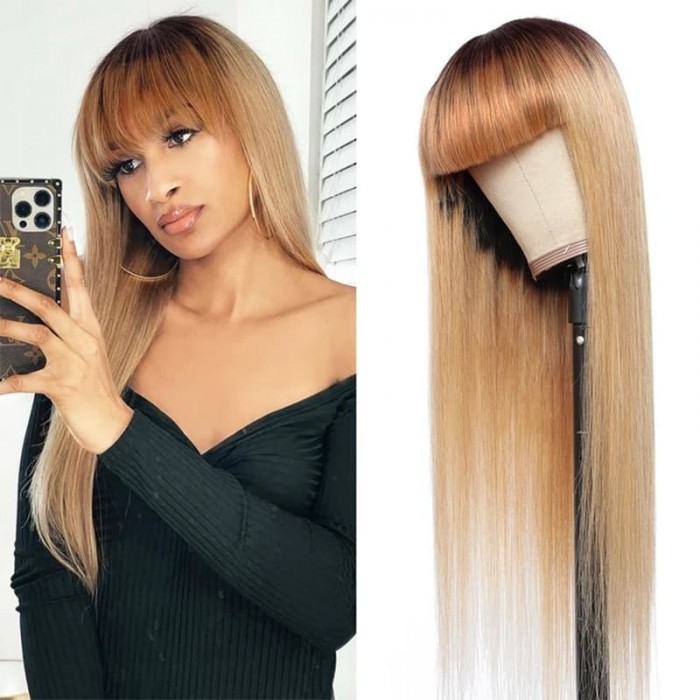 Incolorwig Honey Brown Ombre 13*4 Transparent Lace Front Straight Hair Wig With Bangs
