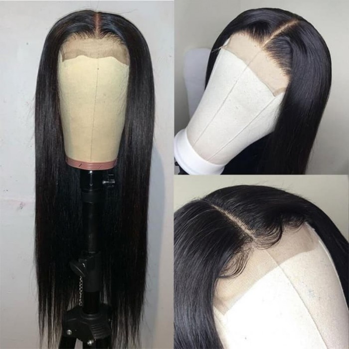 Incolorwig 150% Density Lace Parting Wig Middle Part Human Hair Wig 13*4 Lace Frontal Straight Hair Wig Natural Black Wig