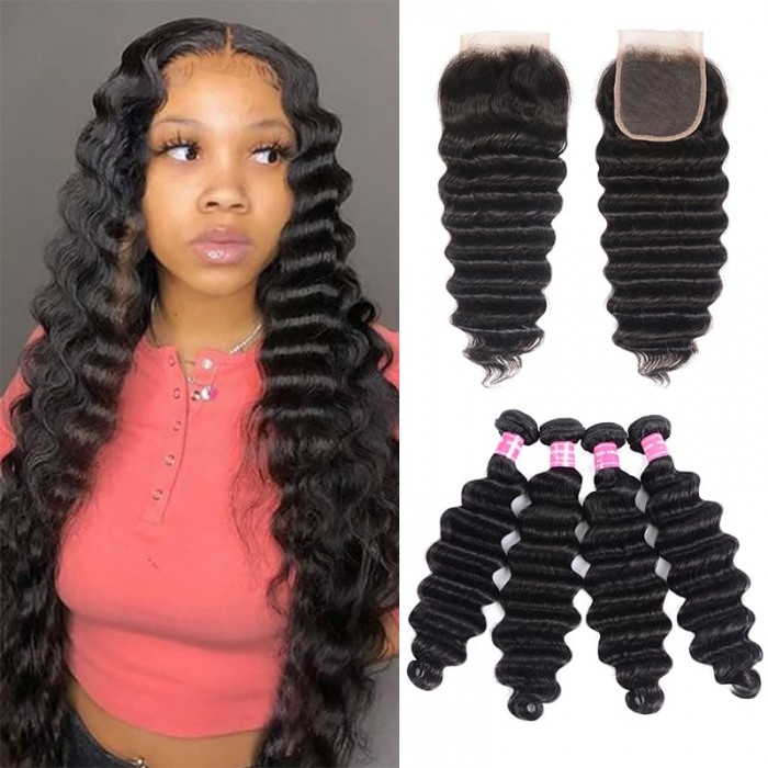 Incolorwig Brazilian Loose Deep Wave Weave 4 Bundles Hair With 4*4 Lace Closure