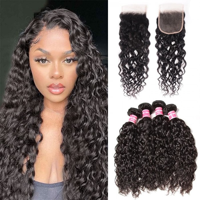 Incolorwig Natural Black Water Wave 4 Bundles Unprocessed Virgin Human Hair With 4x4 Lace Closure
