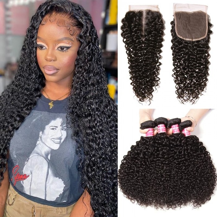 Incolorwig Natural Black Jerry Curly Weave 4 Bundle Deals With 4x4 Lace Closure