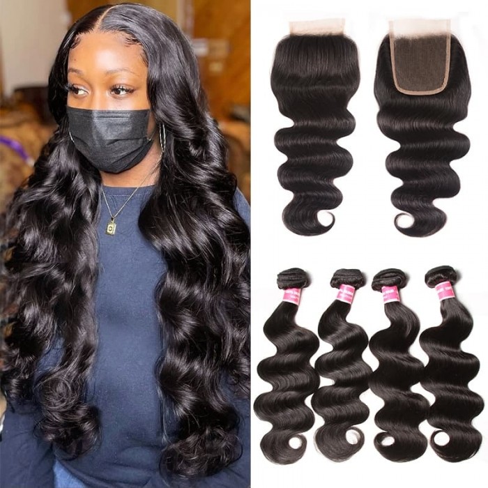 Incolorwig Soft And Bouncy Body Wave Human Hair Weave 4 Bundles With 4x4 Lace Closure