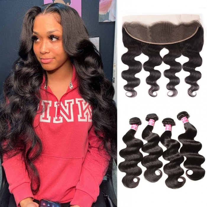 Incolorwig Virgin Human Hair 4 Bundles Body Wave With 13x4 Lace Frontal Remy Hair Weft
