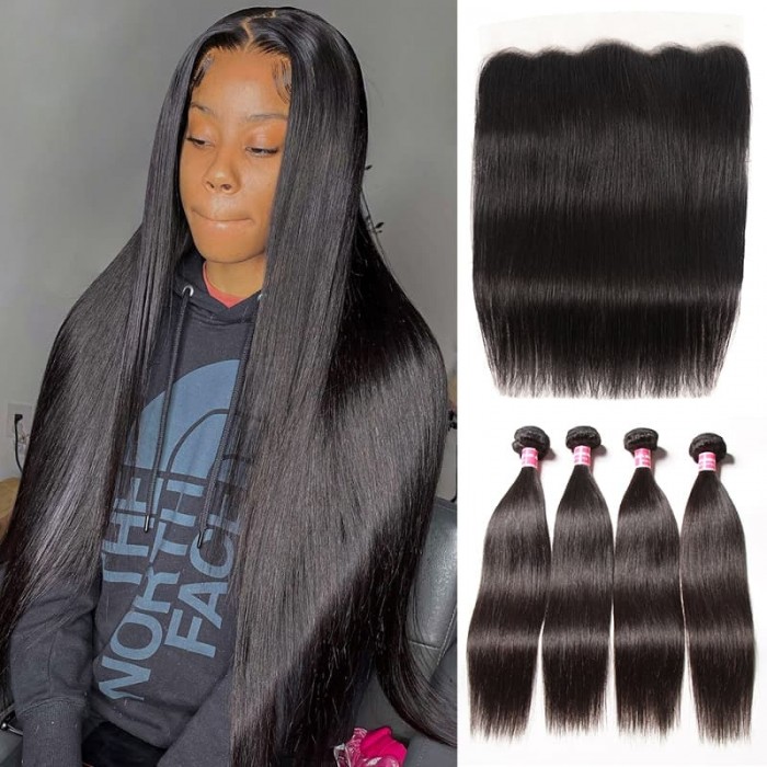 Incolorwig Best 4 Bundles Straight Human Hair Weave With Ear To Ear 13x4 Lace Frontal