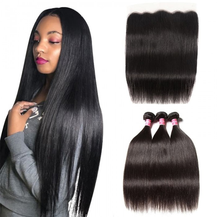 Incolorwig 100% Virgin Human Hair Straight Hair 3 Bundles With 13x4 Lace Frontal Closure