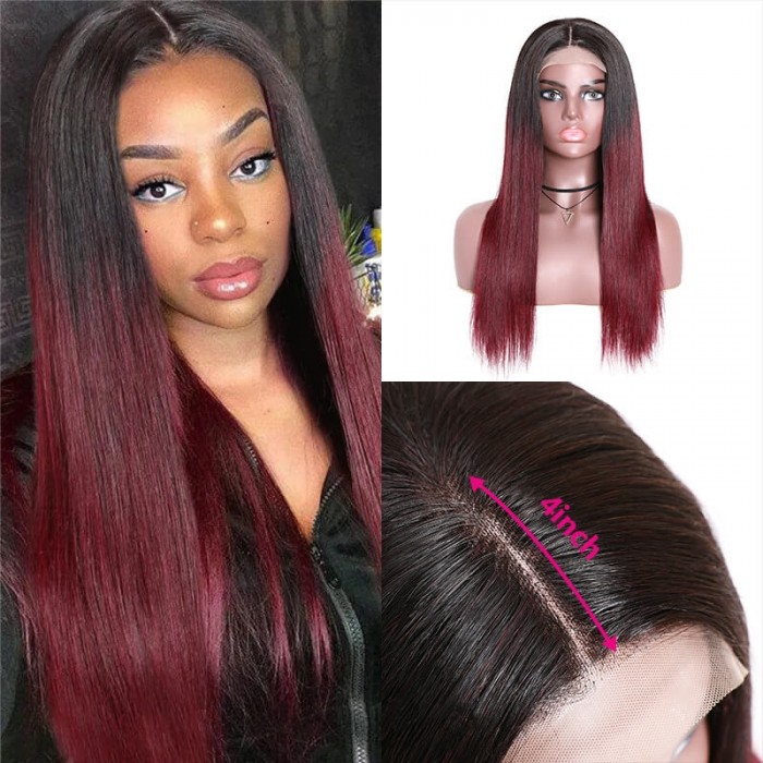 Incolorwig Straight Human Hair Wig Red Color 4x4 Lace Closure Straight Hair Wigs 1B99J Wig 150% Density