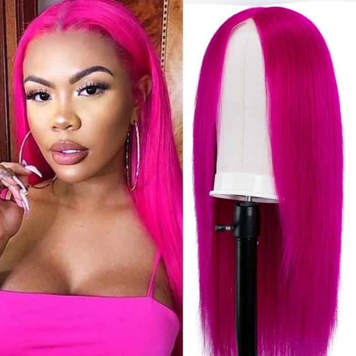 Incolorwig Rose Red Straight Human Hair Wig Hairline Lace Part 150% Density Middle-part Fake Scalp Wig 
