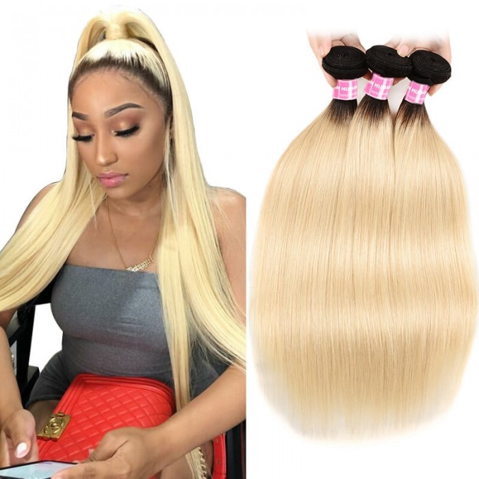 Incolorwig Hand-picked Peruvian Virgin Straight Hair Weave 3 Bundles #T1B613 Ombre Blonde Human Hair Weave