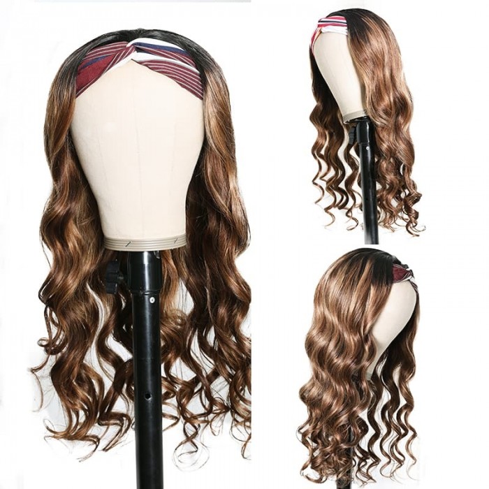 Incolorwig Honey Blond Highlight Body Wave Headband Wig 150% Density Ombre Color