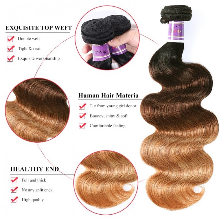 Incolorwig 100% Peruvian Human Hair 4 Bundles Deals #T1B427 Ombre Color Body Wave Human Hair Weave