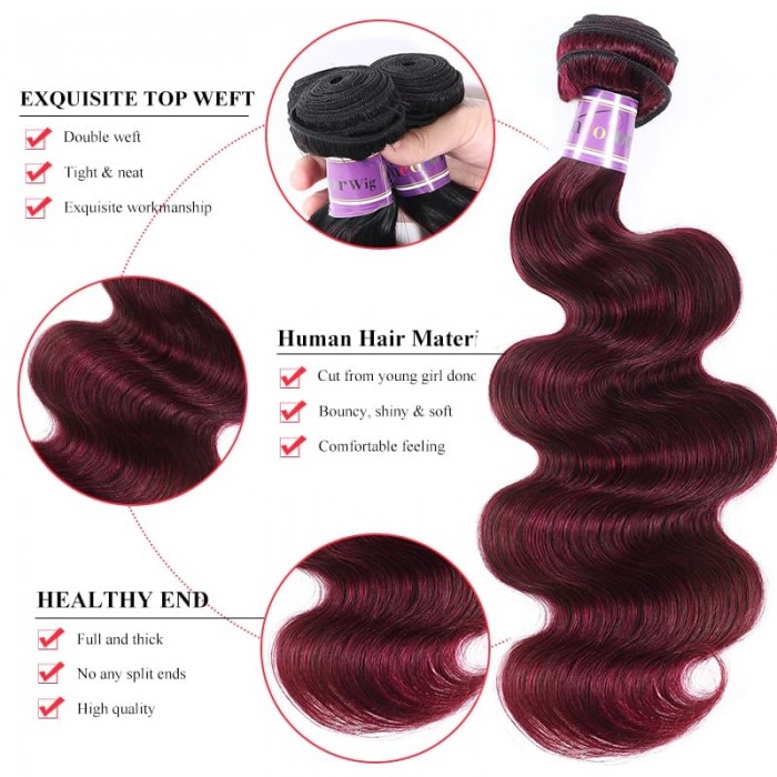 Incolorwig 3 Bundles Hair Weave #99J Body Wave Peruvian Human Hair