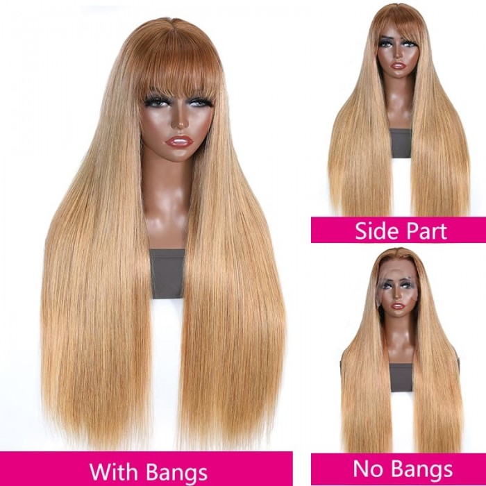 Incolorwig Honey Brown Ombre 13*4 Transparent Lace Front Straight Hair Wig With Bangs