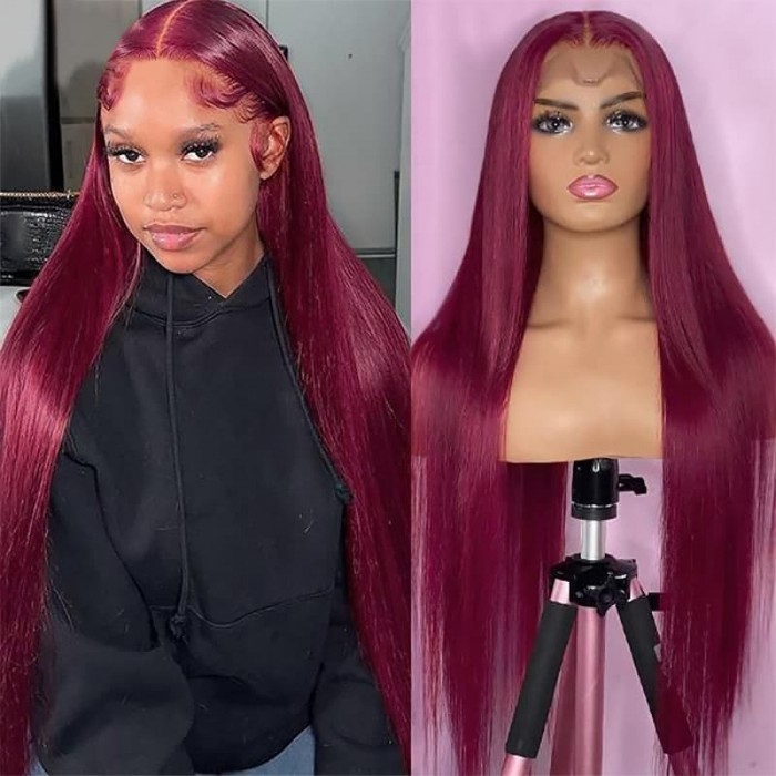 Incolorwig New Arrival 99J Lace Part Wigs Long Straight 13x4 Lace Frontal Wig Red Color Best Human Hair Wigs