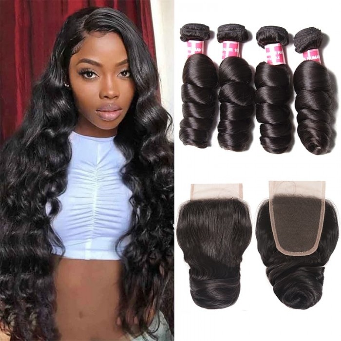 Incolorwig Best Virgin Human Hair Brazilian Loose Wave 4 Bundle Deals With 4*4 Lace Closure