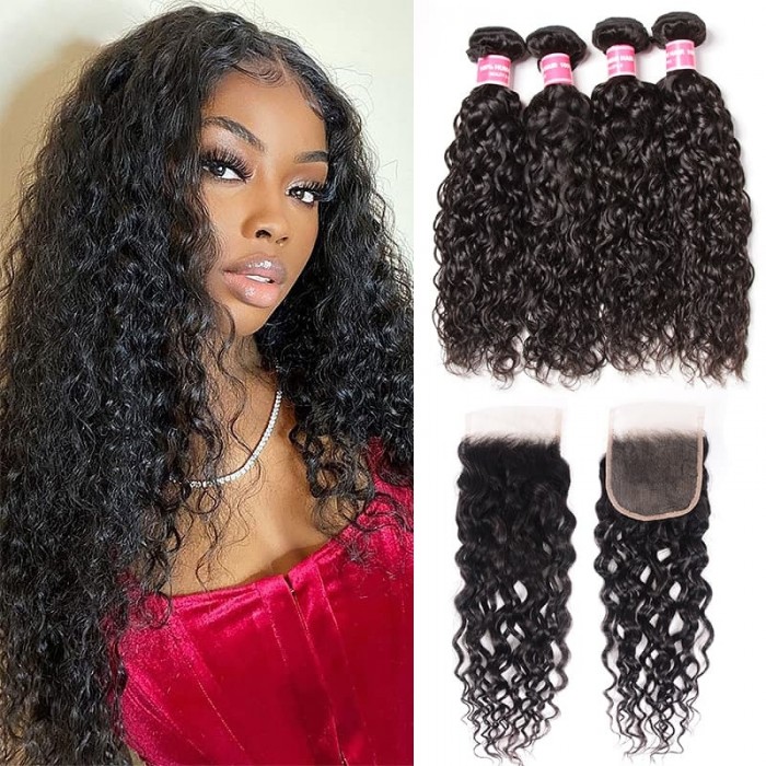 Incolorwig Natural Black Water Wave 4 Bundles Unprocessed Virgin Human Hair With 4x4 Lace Closure