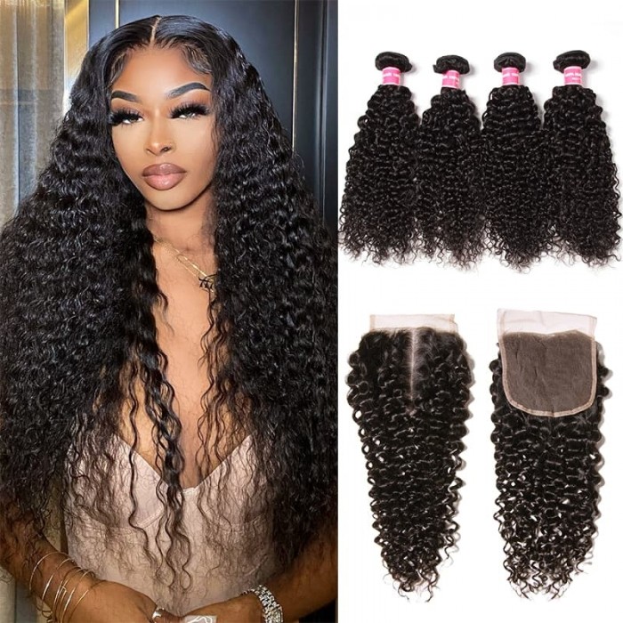 Incolorwig Natural Black Jerry Curly Weave 4 Bundle Deals With 4x4 Lace Closure