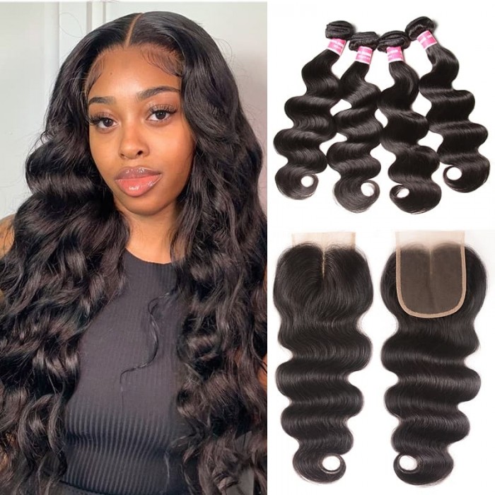 Incolorwig Soft And Bouncy Body Wave Human Hair Weave 4 Bundles With 4x4 Lace Closure