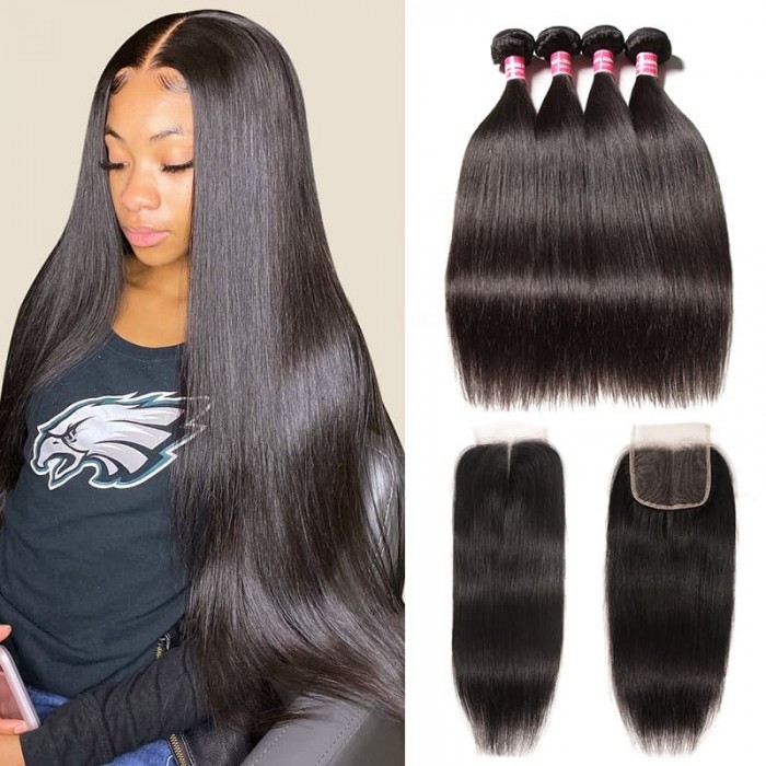 Incolorwig 100% Virgin Human Hair Weave Soft Brazilian Straight Hair 4 Bundles With 4*4 Free Part Lace Closure