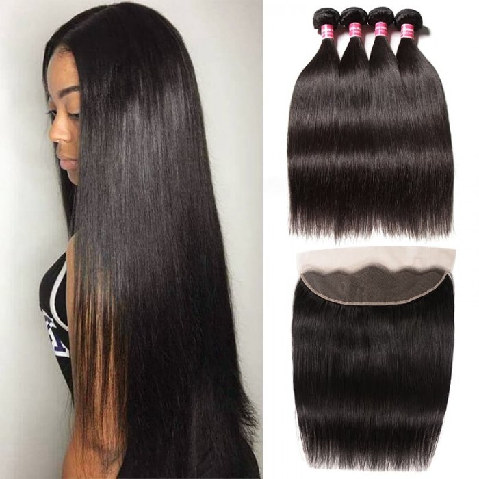 Incolorwig Best 4 Bundles Straight Human Hair Weave With Ear To Ear 13x4 Lace Frontal