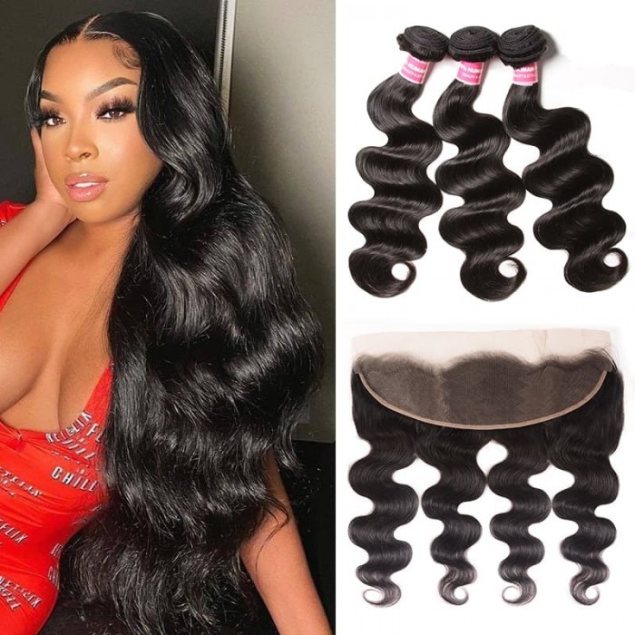 Incolorwig Brazilian Body Wave 13×4 Lace Frontal Closure With 3 Bundles Body Wave Hair