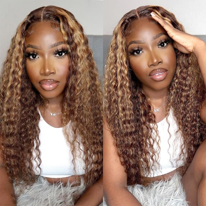 Incolorwig #TL412 Highlight Jerry Curly Hair 13x5x0.5 T Part Wigs Honey Blonde 13*4 Lace Frontal Wigs With Baby Hair