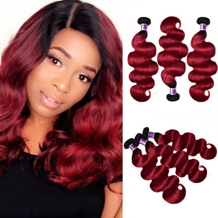 Incolorwig High Quality #TB Burgundy Body Wave Human Hair Weaves 3 Bundles Virgin Peruvian Human Hair