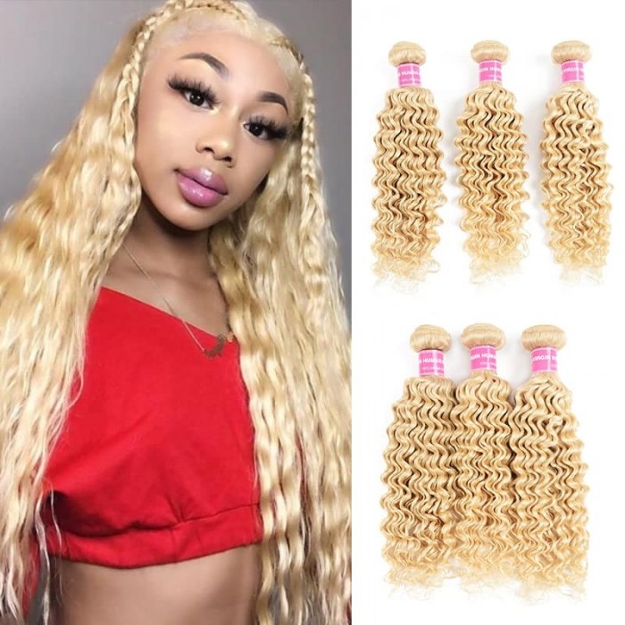 Incolorwig Hand-picked Brazilian Virgin Human Hair  3 Bundles # 613 Blonde Deep Wave Hair Weaves