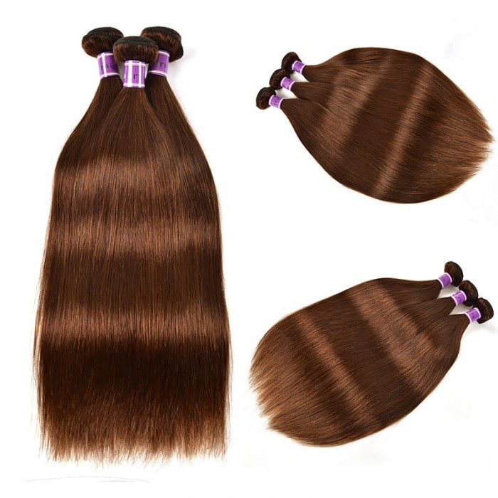 Incolorwig #4 Medium Brown Straight Virgin Brazilian Human Hair Weave 3 Bundles
