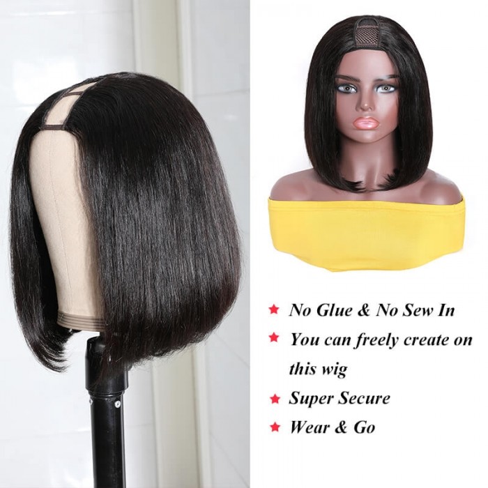 Incolorwig Natural Black Straight Hair Bob Wigs U Part Wig 2x4 Opening Size Middle Part Blunt Cut Bob