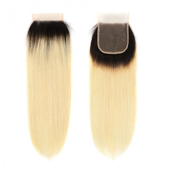 Incolorwig New #T1B613 Blonde Brazilian Free Part 4*4 Straight Human Hair Lace Closure