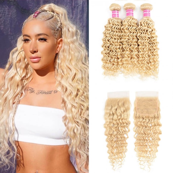 Incolorwig High Quality Peruvian #613 Blonde Deep Wave 3 Bundles Hair Weaving With 4*4 Lace Closure