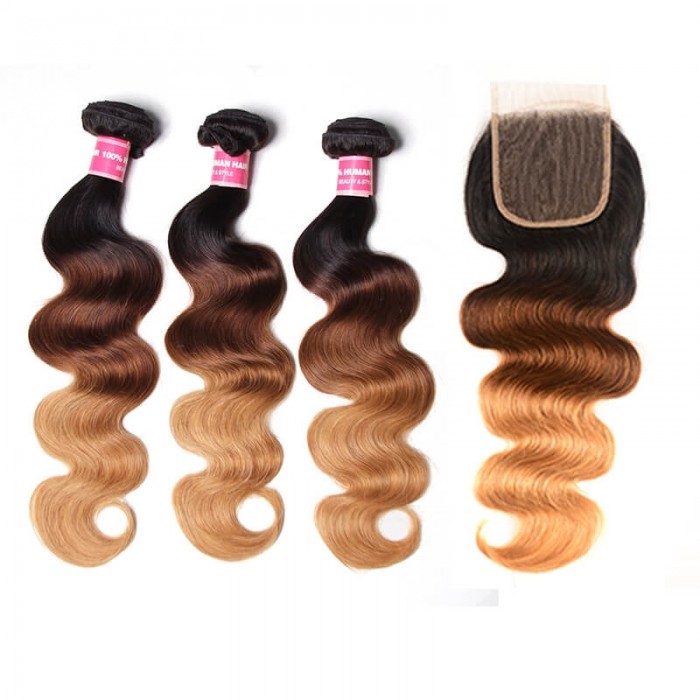 Incolorwig New Arrival #T1B427 Ombre Body Wave Ombre Color 3 Bundles With 4*4 Lace Closure Free Part