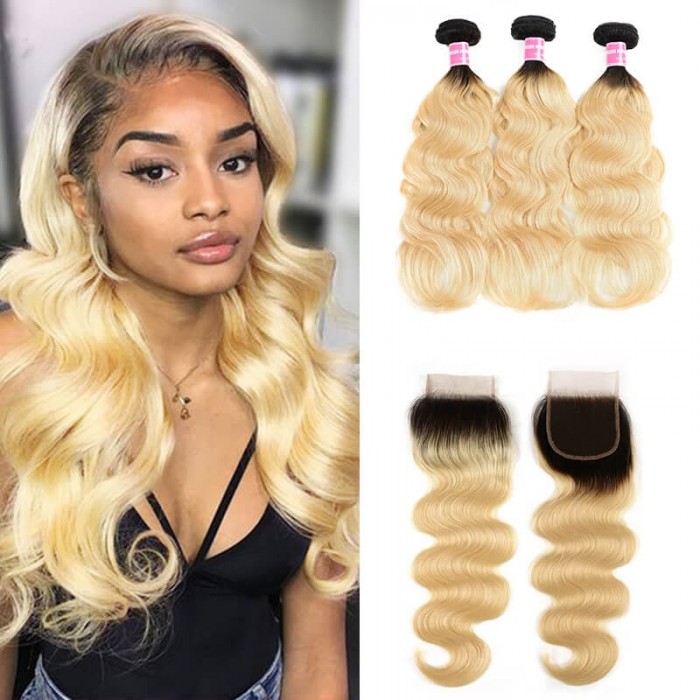 Incolorwig #T1B613 Ombre Blonde Body Wave 3 Bundles With 4*4 Free Part Lace Closure