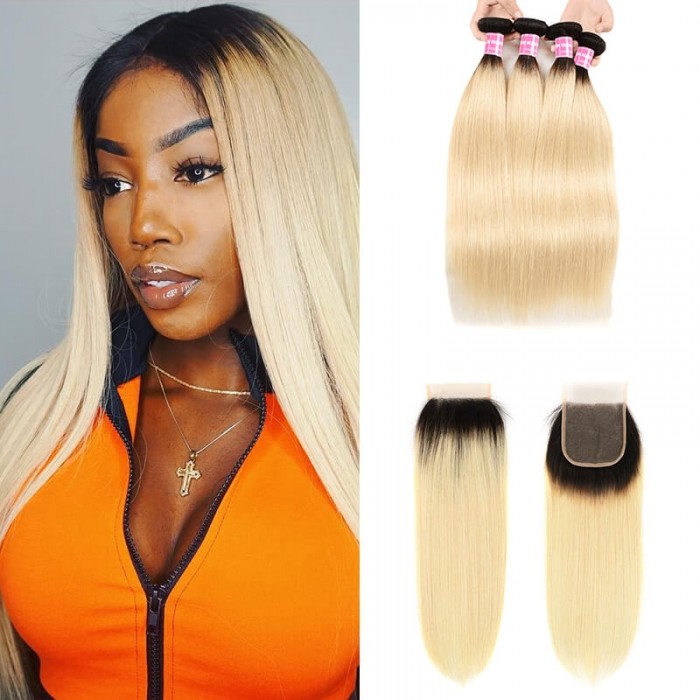Incolorwig Staight Hair #T1B613 Ombre Color Brazilian 4 Bundles Hair With 4*4 Free Part Lace Closure