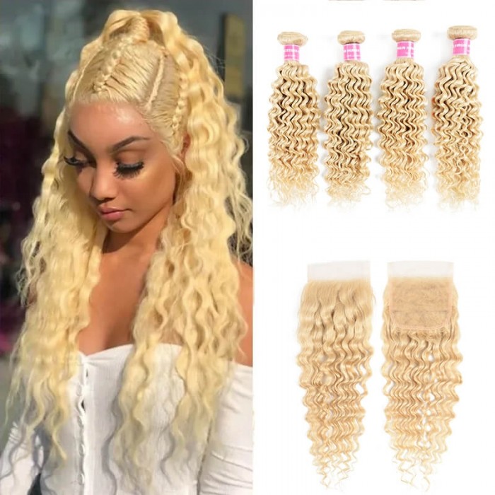 Incolorwig #613 Blonde Deep Wave Peruvian 4 Bundles Hair With 4*4 Lace Closure Free Part For Women