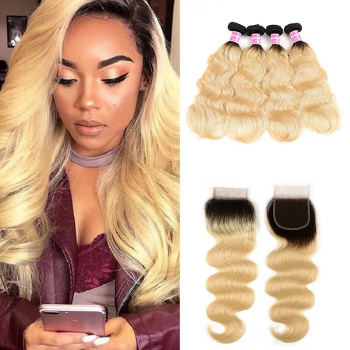 Incolorwig Peruvian Human Hair New Arrival #T1B613 Ombre Color Body Wave 4 Bundles Hair With 4*4 Free Part Lace Closure