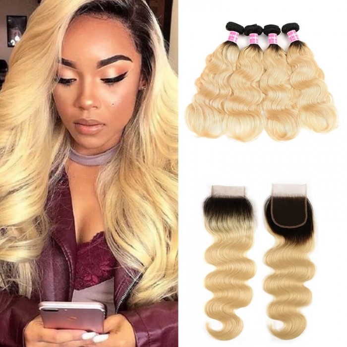 Incolorwig Malaysian New Arrival #T1B613 Ombre Color Body Wave 4 Bundles Hair With 4*4 Free Part Lace Closure