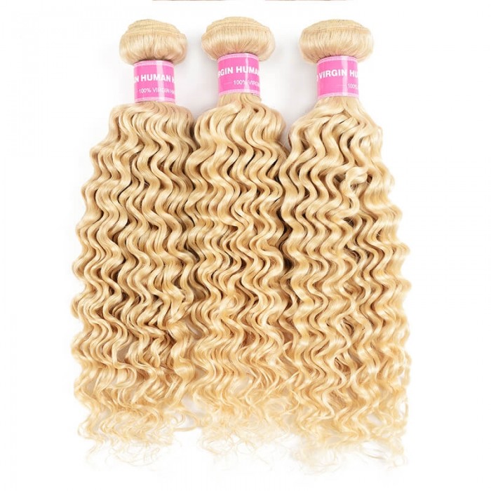 Incolorwig High Quality Peruvian #613 Blonde Deep Wave 3 Bundles Hair Weaving With 4*4 Lace Closure